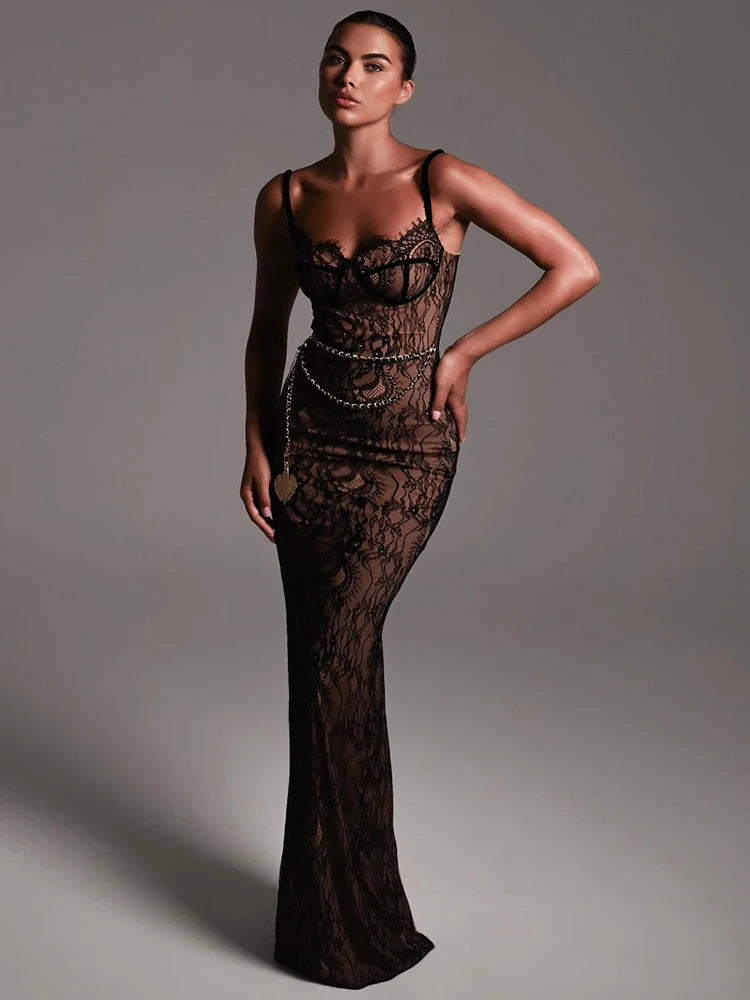 Sexy Lace Print Double Layer Dress For Women Bodycon Backless Metal Heart Pendant Maxi Dress Party Club Evening Dress