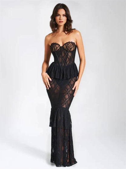 Sexy Lace Sleeveless Slim Fit Dress Women’s Open Back Skinny Ruffle Edge Pleated Perspective Dress Party Evening Dress