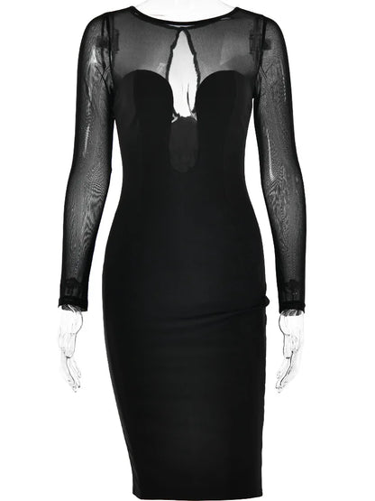 Sexy Mesh Patchwork Christmas Red Dress Women Long Sleeve Bodycon Perspective Evening Dress Elegant Party Club Vestidos