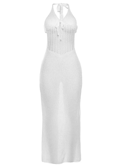 Sexy Sleeveless Bodycon Evening Dress For Women  Autumn New Fashion Hanging Collar Low Cut Backless Knitted Hollow