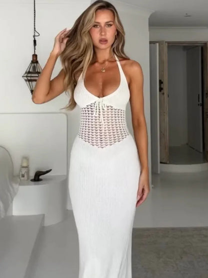 Sexy Sleeveless Bodycon Evening Dress For Women  Autumn New Fashion Hanging Collar Low Cut Backless Knitted Hollow