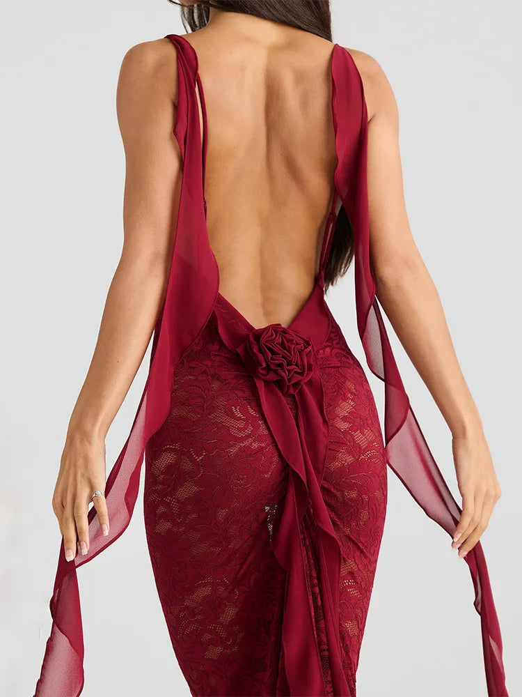 Sexy Sleeveless Lace Patchwork Print Women Backless Party Evening Dress 2025 New Trailing Long Skirt Flowing Vestido