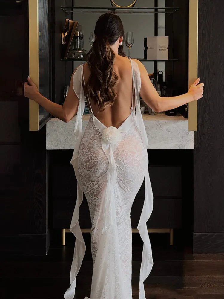 Sexy Sleeveless Lace Patchwork Print Women Backless Party Evening Dress 2025 New Trailing Long Skirt Flowing Vestido