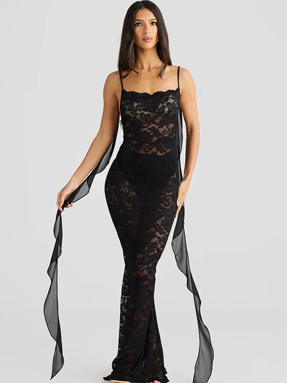 Sexy Sleeveless Lace Patchwork Print Women Backless Party Evening Dress 2025 New Trailing Long Skirt Flowing Vestido