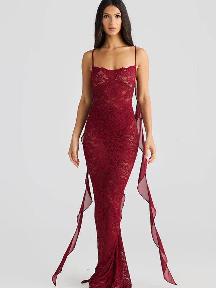 Sexy Sleeveless Lace Patchwork Print Women Backless Party Evening Dress 2025 New Trailing Long Skirt Flowing Vestido