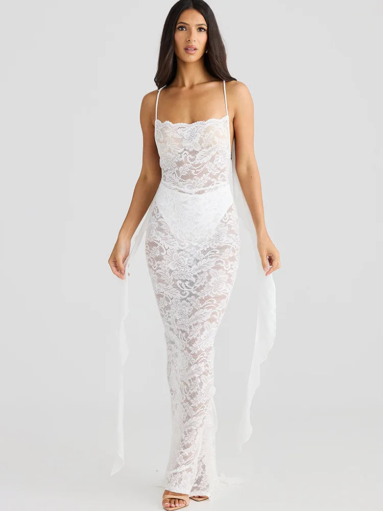 Sexy Sleeveless Lace Patchwork Print Women Backless Party Evening Dress 2025 New Trailing Long Skirt Flowing Vestido