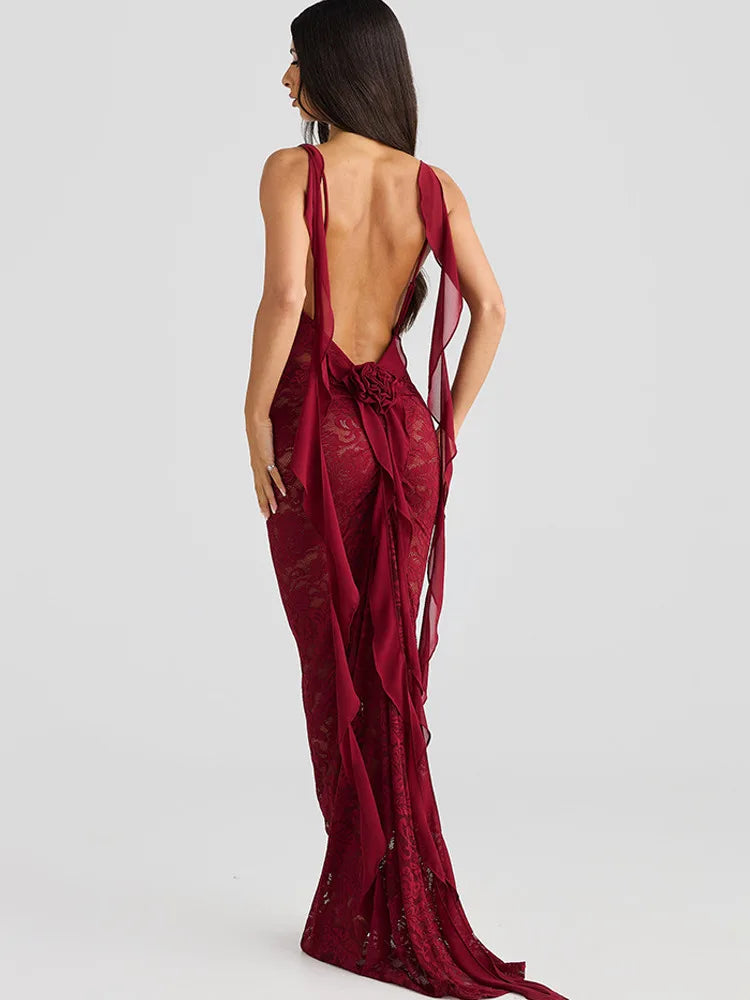 Sexy Sleeveless Lace Patchwork Print Women Backless Party Evening Dress 2025 New Trailing Long Skirt Flowing Vestido