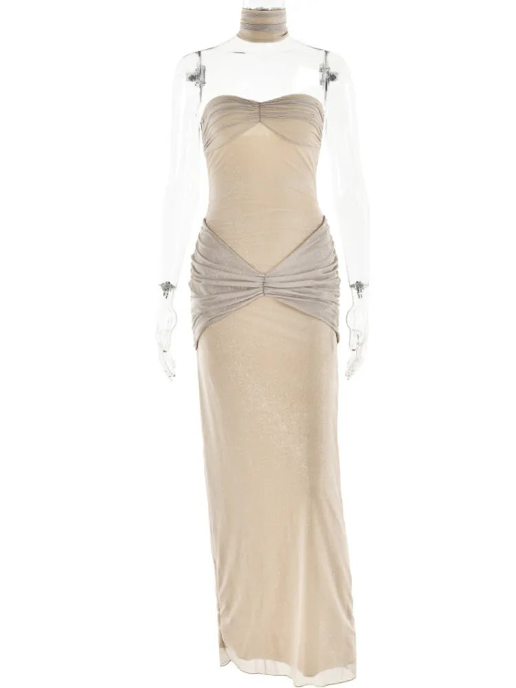 Sexy Sleeveless Mesh Pleated Dress For Women Tight Backless Bodycon Evening Dress Female Elegant Party Club Vesidos