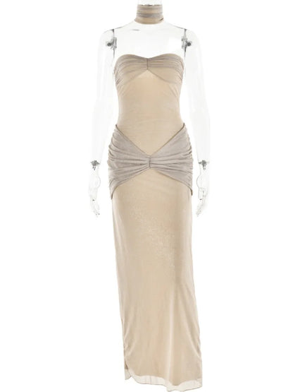 Sexy Sleeveless Mesh Pleated Dress For Women Tight Backless Bodycon Evening Dress Female Elegant Party Club Vesidos