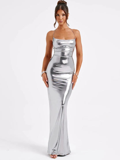 Sexy Sleeveless Metal Dress For Women Elegant Backless Evening Dress Maxi Bodycon Vestidos Fashion Party Clubwear