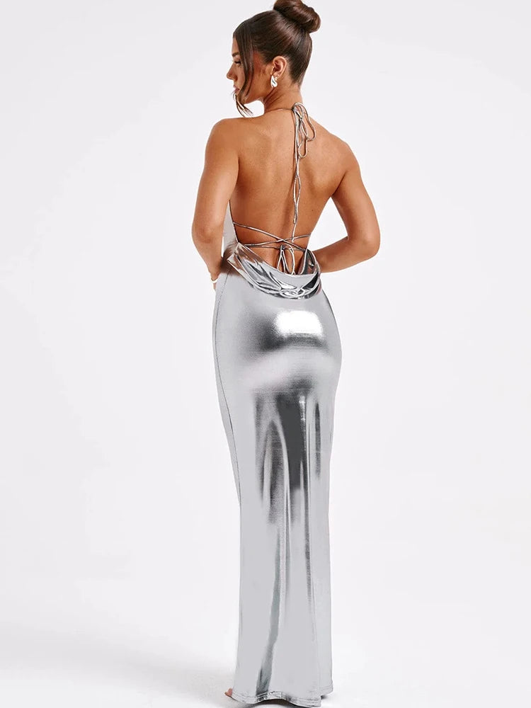 Sexy Sleeveless Metal Dress For Women Elegant Backless Evening Dress Maxi Bodycon Vestidos Fashion Party Clubwear