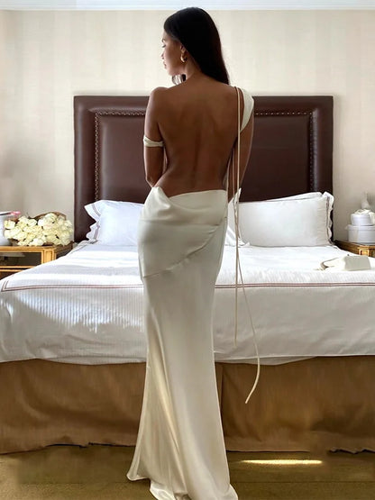 Sexy Sloping Shoulder Backless Bodycon Party Evening Dress Women 2025 New Sexy Sleeveless Elegant Satin Long Vestidos