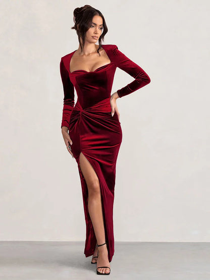 Sexy Velvet Elastic Tight Long Sleeved Dress Elegant Bodycon Slit Party Evening Dress Autumn/winter 2025New Slim Vestido