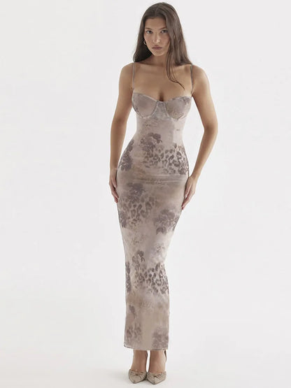 Sexy Women’s Flower Print Sleeveless Long Dress  Female Slim Fit High Waist Bodycon Dress Party Club Evening Dress