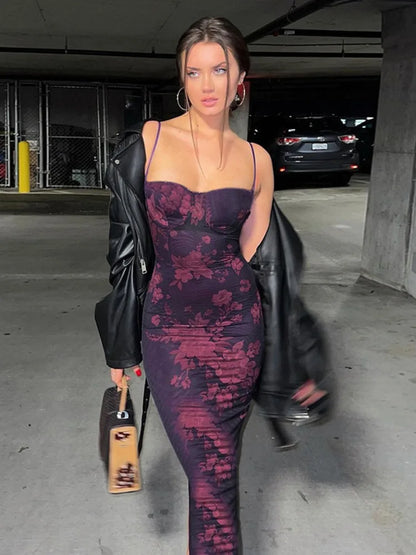 Sexy Women’s Flower Print Sleeveless Long Dress  Female Slim Fit High Waist Bodycon Dress Party Club Evening Dress