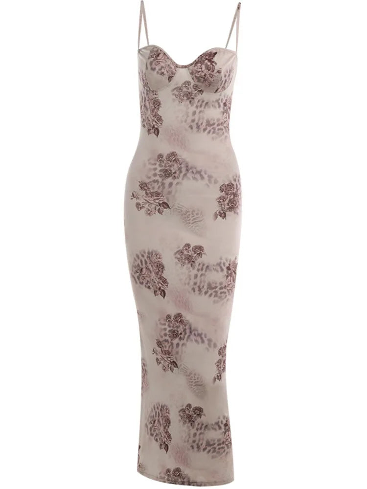 Sexy Women’s Flower Print Sleeveless Long Dress  Female Slim Fit High Waist Bodycon Dress Party Club Evening Dress