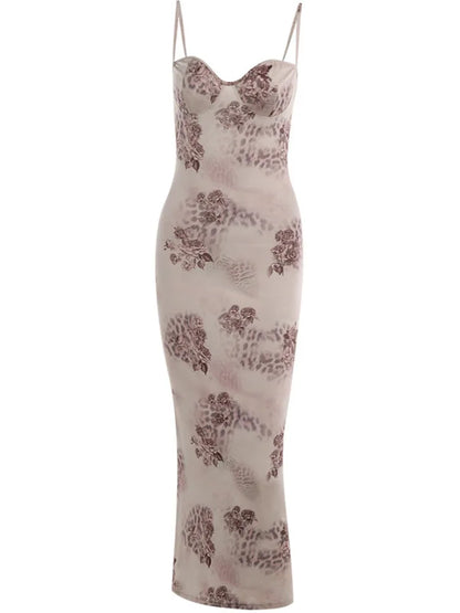 Sexy Women’s Flower Print Sleeveless Long Dress  Female Slim Fit High Waist Bodycon Dress Party Club Evening Dress