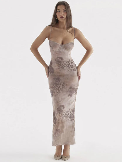 Sexy Women’s Flower Print Sleeveless Long Dress  Female Slim Fit High Waist Bodycon Dress Party Club Evening Dress