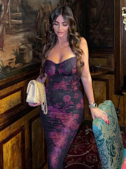 Sexy Women’s Flower Print Sleeveless Long Dress  Female Slim Fit High Waist Bodycon Dress Party Club Evening Dress