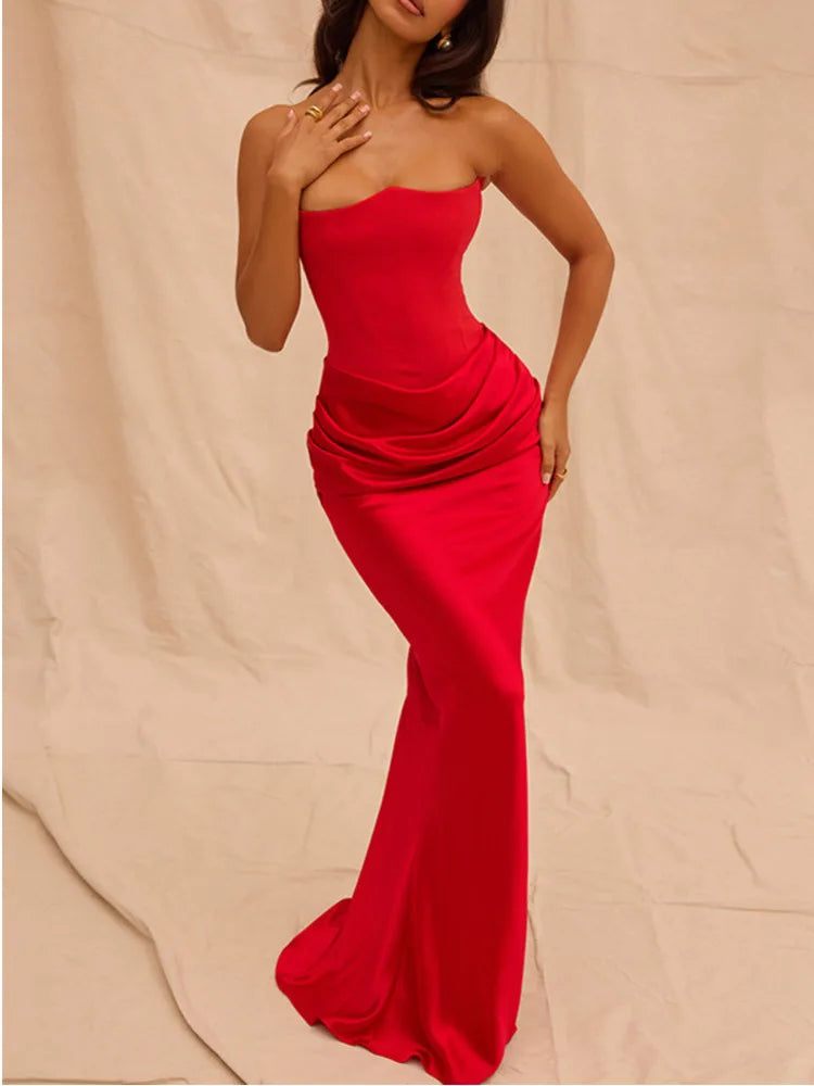 Summer New Waist Strapless Line Neck Long Dress Women Sexy Spicy Girl Elegant Backless Bodycon Party Club Evening Dress