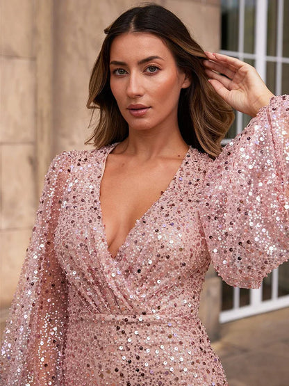 V-Neck Pearl Sequins Mini Dress Women Lantern Long Sleeves Elegant Slim Bodycon Sexy Wrap Skirt Evening Dresses Clubwear