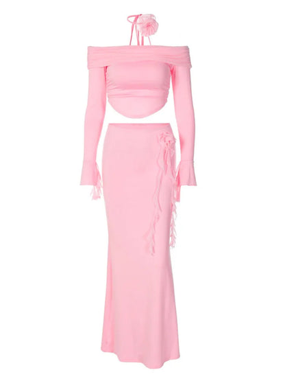 Winter New Sexy Long Sleeved Half Skirt Set For Woman 3D Flower Slim Tight Long Skirt Party Evening Dress Two Piece Set