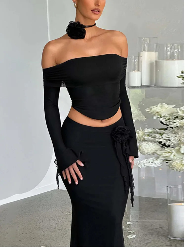 Winter New Sexy Long Sleeved Half Skirt Set For Woman 3D Flower Slim Tight Long Skirt Party Evening Dress Two Piece Set