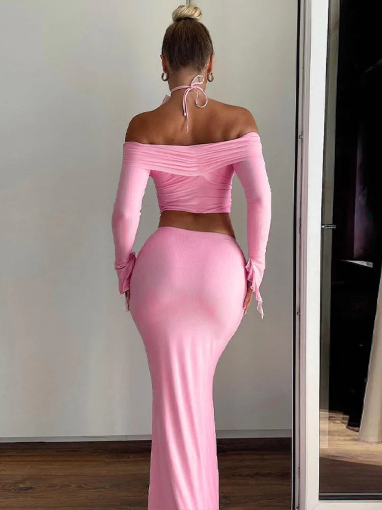 Winter New Sexy Long Sleeved Half Skirt Set For Woman 3D Flower Slim Tight Long Skirt Party Evening Dress Two Piece Set