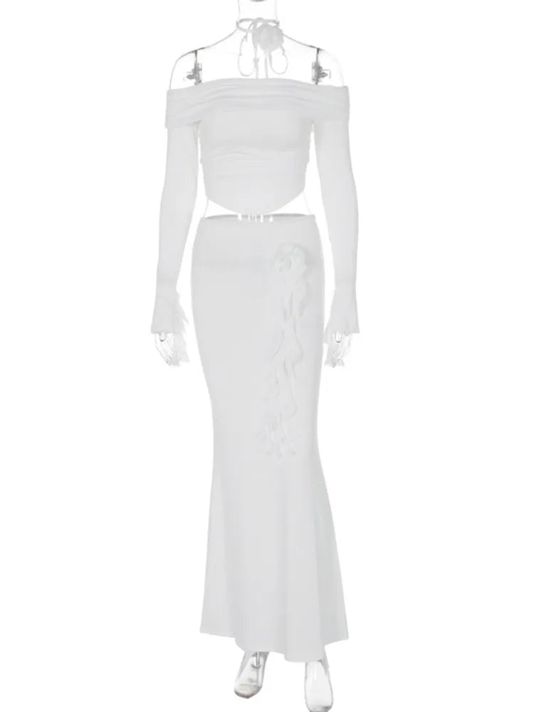 Winter New Sexy Long Sleeved Half Skirt Set For Woman 3D Flower Slim Tight Long Skirt Party Evening Dress Two Piece Set