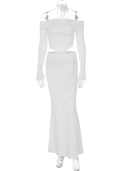 Winter New Sexy Long Sleeved Half Skirt Set For Woman 3D Flower Slim Tight Long Skirt Party Evening Dress Two Piece Set