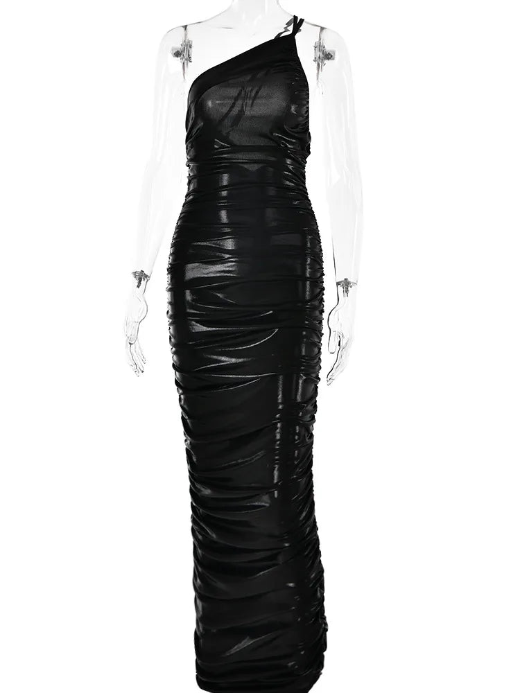 -Women’s One Shoulder Sleeveless Backless Dress, Pleated Bodycon, Temperament Dress, Female Party, Club, Evening