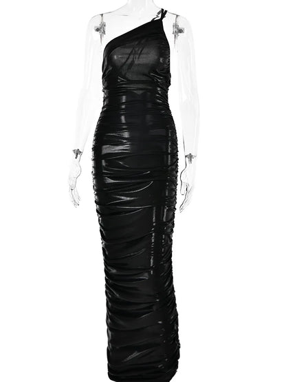 -Women’s One Shoulder Sleeveless Backless Dress, Pleated Bodycon, Temperament Dress, Female Party, Club, Evening