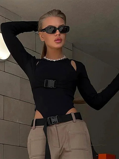 Autumn 2025 New Full Sleeves Hollow School Bags Buckle False Two Pieces Skinny Bodysuit Women Stylish Casual Versatile