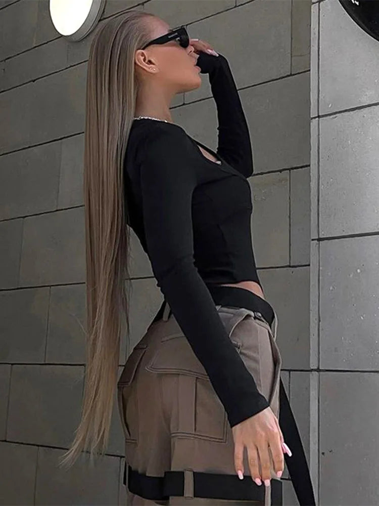 Autumn 2025 New Full Sleeves Hollow School Bags Buckle False Two Pieces Skinny Bodysuit Women Stylish Casual Versatile