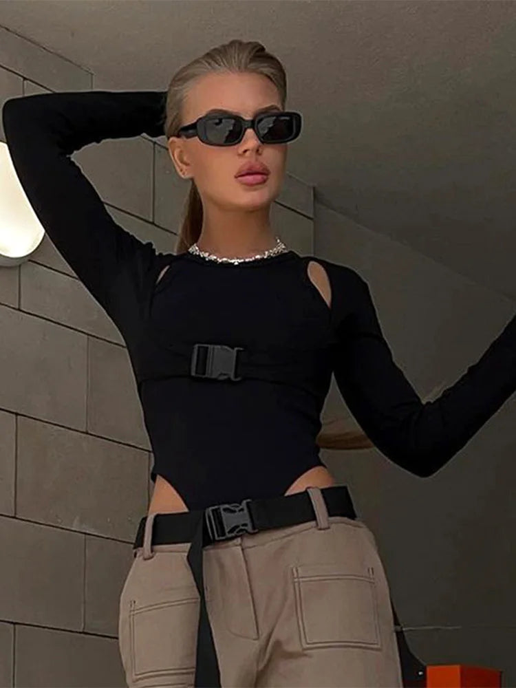 Autumn 2025 New Full Sleeves Hollow School Bags Buckle False Two Pieces Skinny Bodysuit Women Stylish Casual Versatile