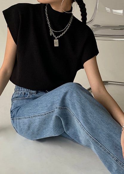 Lena Mock Neck Knit Top – Sleeveless Black Essential