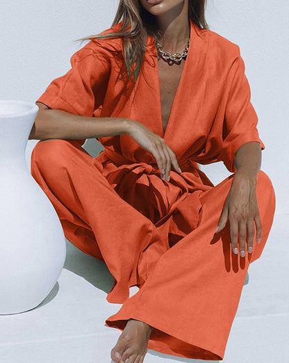Oversized Linen Tied Two Piece Pants Set