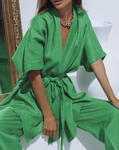 Oversized Linen Tied Two Piece Pants Set