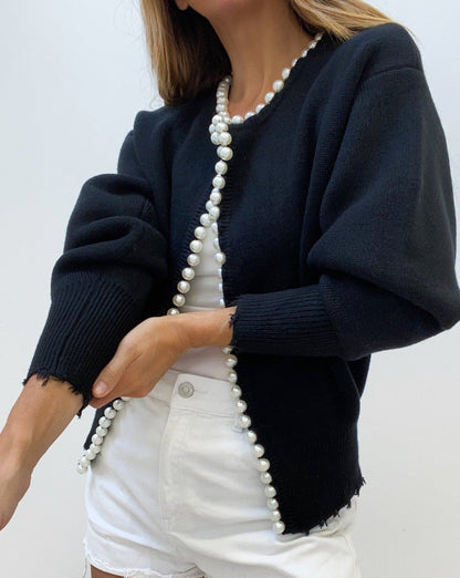 Pearl Trim Ripped Hem Cardigan