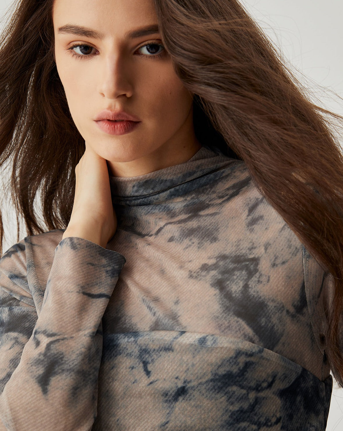 Mesh Floral Print Ruched Long Sleeve Midi Dress