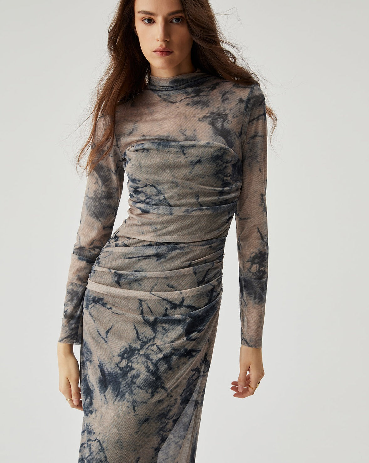 Mesh Floral Print Ruched Long Sleeve Midi Dress