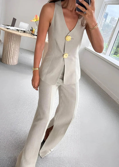 Valette Wide-Leg Set – Statement Button Vest & Linen Blend Trousers