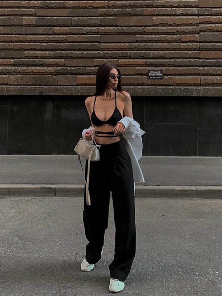 Black Halterneck Tube Top Vest Strapless Backless Street Women’s Top 2025 Summer Casual V-neck Short Y2k Vest for Women