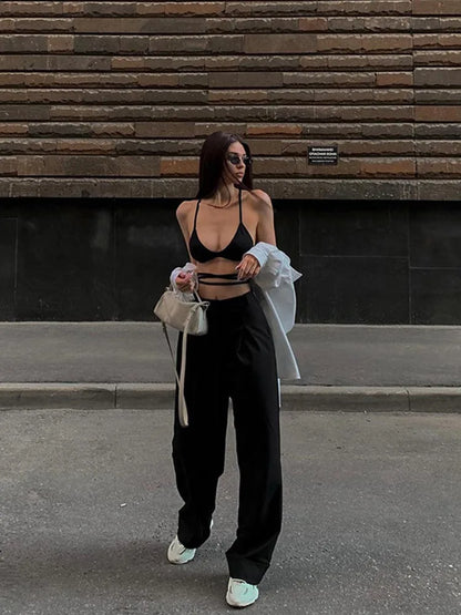 Black Halterneck Tube Top Vest Strapless Backless Street Women’s Top 2025 Summer Casual V-neck Short Y2k Vest for Women