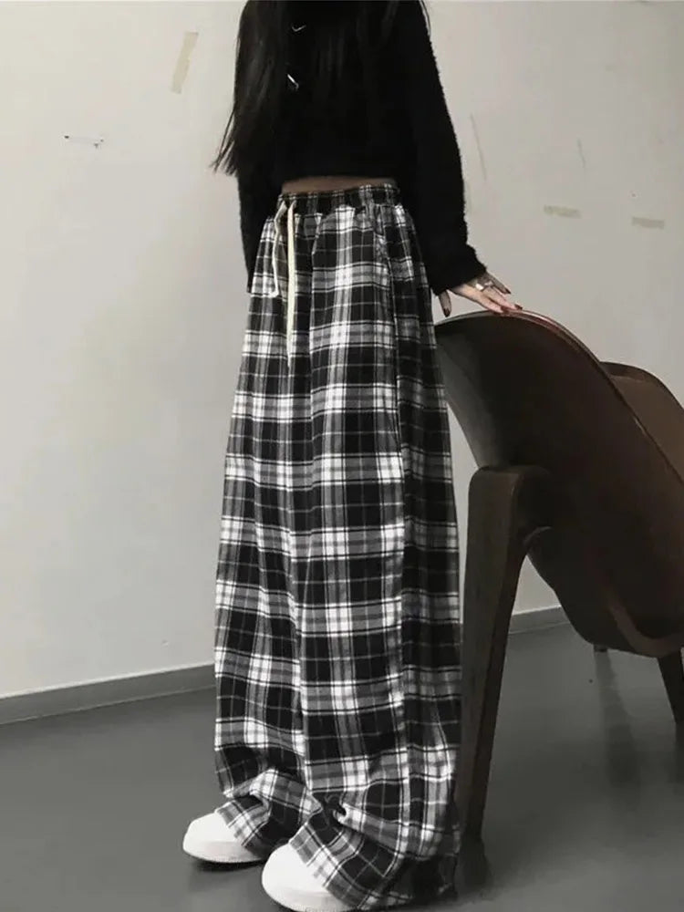 Pantalones a cuadros en blanco y negro para mujer, pantalón informal, holgado, de pierna ancha, estilo retro, recto, estilo hip hop, ropa de calle.