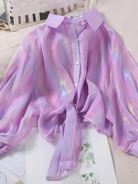 Buttoned Up Shirt Shirts Women Half Sleeve Shinning Sparkles Tied Waist Sexy Blouses For Women 2025 Autumn