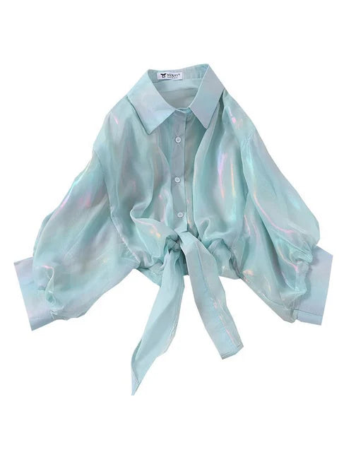 Buttoned Up Shirt Shirts Women Half Sleeve Shinning Sparkles Tied Waist Sexy Blouses For Women 2025 Autumn