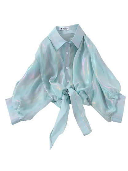 Buttoned Up Shirt Shirts Women Half Sleeve Shinning Sparkles Tied Waist Sexy Blouses For Women 2025 Autumn