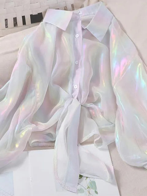 Buttoned Up Shirt Shirts Women Half Sleeve Shinning Sparkles Tied Waist Sexy Blouses For Women 2025 Autumn