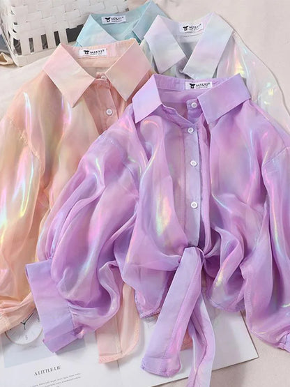 Buttoned Up Shirt Shirts Women Half Sleeve Shinning Sparkles Tied Waist Sexy Blouses For Women 2025 Autumn